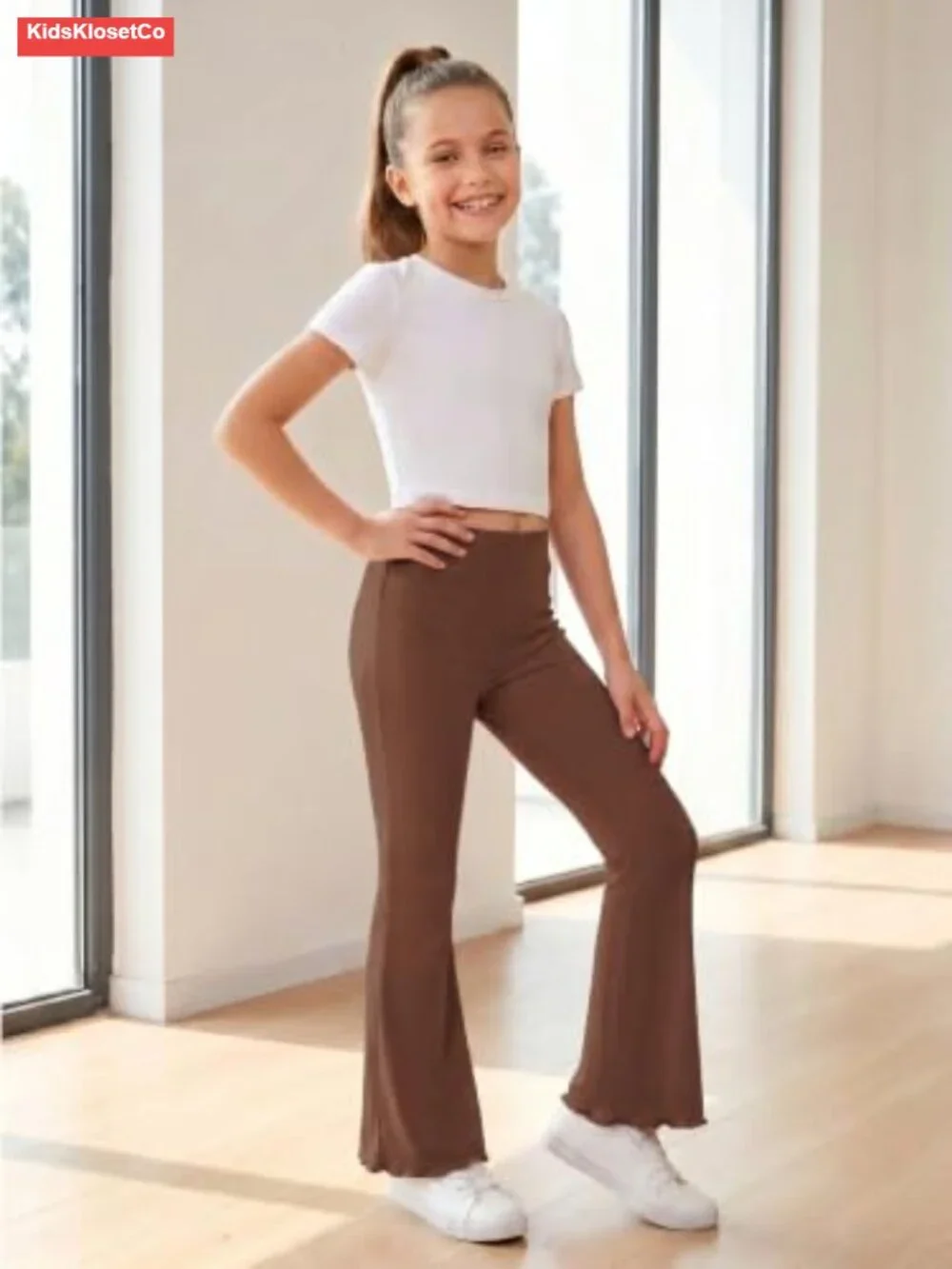 Girls Ribbed Knit Flared Leggings High Waist Bell Bottoms